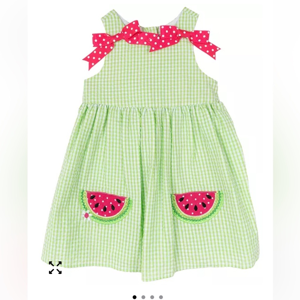 Rare Editions Green seersucker Dress with Pink Watermelon Detail